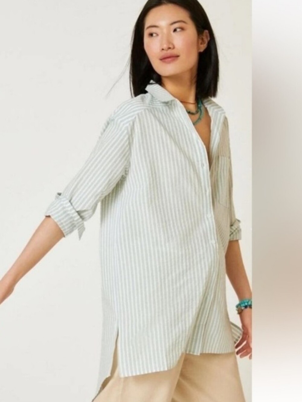 Anthropologie White/Green Striped Button-Down Shirt Size M